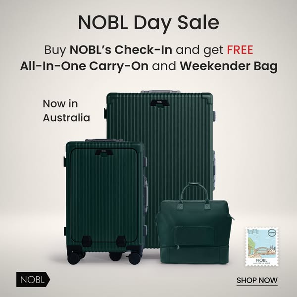 This ad promotes a sale for NOBL luggage, offering a free carry-on and weekender bag with the purchase of a check-in sui