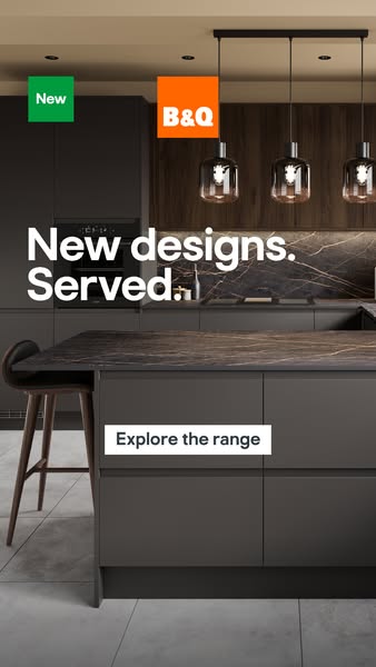 This ad showcases the new kitchen designs that B&Q offers. The ad uses simple text to capture the attention of the t