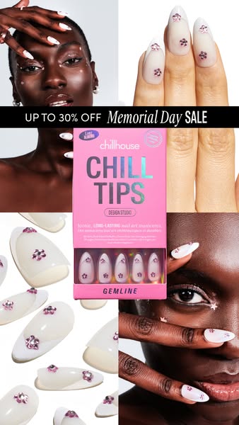 This ad promotes Chillhouse Chill Tips Gemline press-on nails as part of a Memorial Day Sale. The ad features close-up s