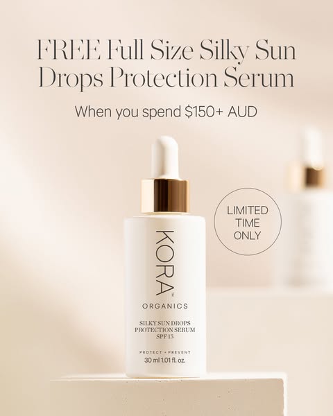 This ad promotes Kora Organics' Silky Sun Drops Protection Serum. It features a limited-time offer of a free full-si