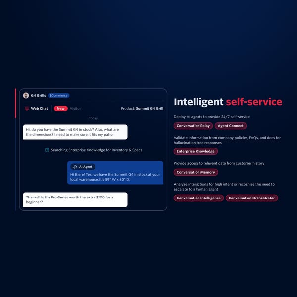 This ad promotes G4 Grills' intelligent self-service, showcasing how their AI agents provide 24/7 support. The ad fe