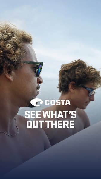 A vertical image ad featuring two men wearing Costa sunglasses on the water. The ad is focused on the brand's identi
