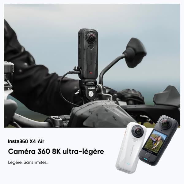 This ad showcases the Insta360 X4 Air camera, highlighting its 360 8K ultra-light capabilities and its use on a motorcyc