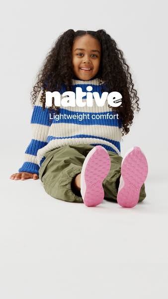 This ad showcases a child wearing a pair of Native shoes. The ad emphasizes the shoe's lightweight comfort.