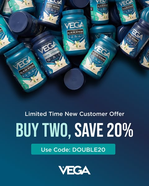 This ad for Vega promotes an offer for new customers: buy two products and save 20% by using code DOUBLE20.