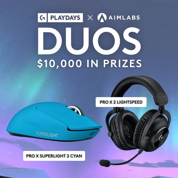 This ad promotes a gaming event called "DUOS" by Playdays and Aimlabs, featuring a prize pool of $10,000. The 