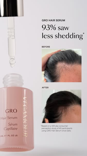 Image ad promoting Vegamour's GRO Hair Serum, featuring a statistic about reduced shedding, before and after photos 