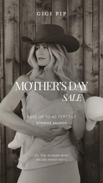 This image ad for Gigi Pip promotes a Mother's Day sale, featuring a woman wearing a hat and holding a baby.