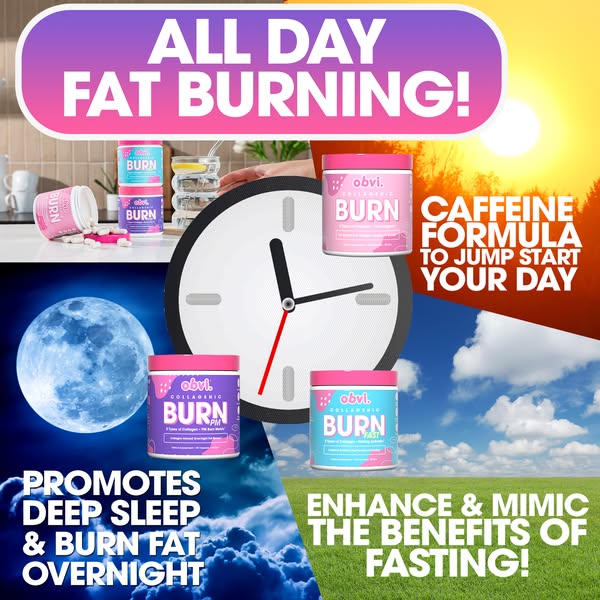 This image ad promotes Obvi's collagenic burn supplements, highlighting both daytime and nighttime formulas. It uses