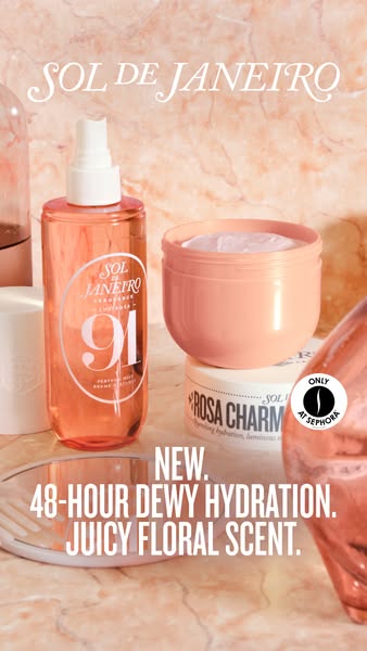 This ad showcases Sol de Janeiro's '91' perfume mist and 'Rosa Charm' body cream, highlighting their