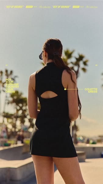 This image ad promotes the Colette Dress from the brand Out of Bounds. The ad challenges the traditional country club at