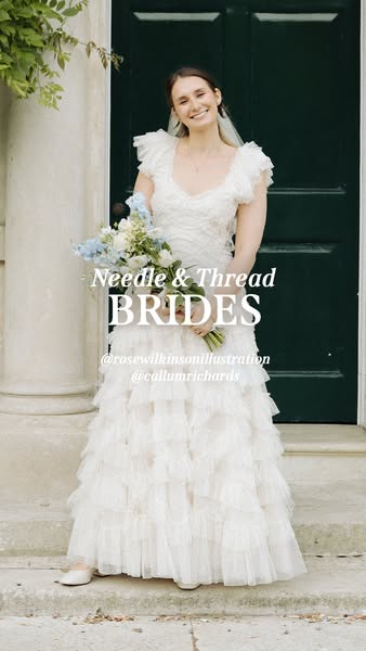 This image ad showcases a bride wearing a Needle & Thread wedding dress. The ad highlights the brand's bridal co