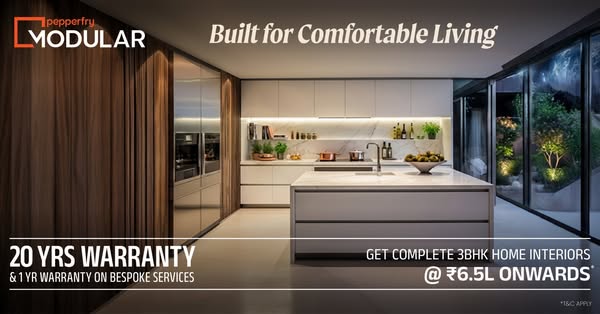 This image ad for Pepperfry Modular promotes complete 3BHK home interiors starting at ₹6.5L, highlighting a 20-year warr