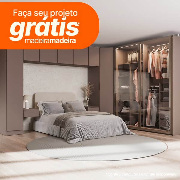 This ad by MadeiraMadeira features a neutral colored bedroom and closet unit with the promise of a free project.