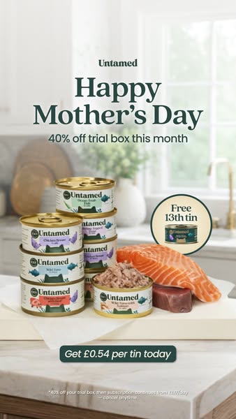 The ad promotes Untamed cat food as a Mother's Day gift, offering a discount on a trial box and a free additional ti
