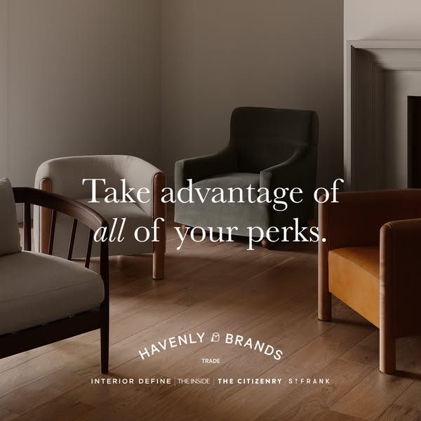 This image ad for Havenly & Brands features a collection of modern armchairs in a neutral-toned room, inviting viewe