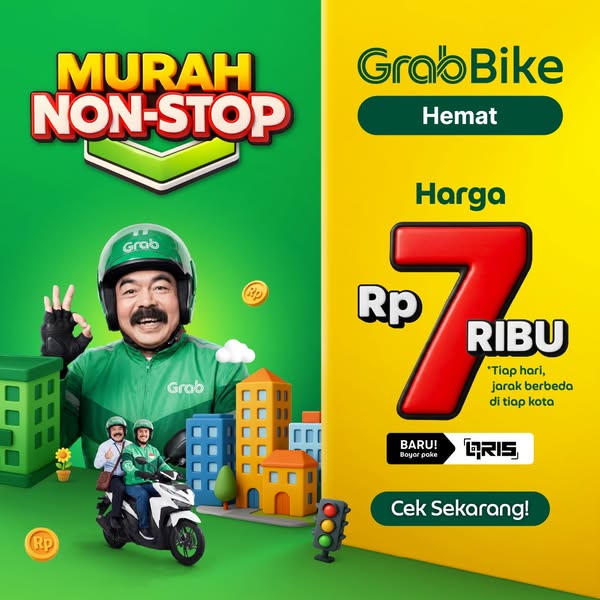 This image ad promotes GrabBike, highlighting its affordability with prices starting at Rp 7,000. The ad uses a split-sc