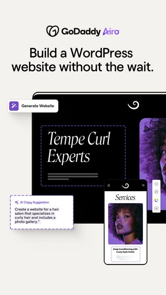 This ad promotes GoDaddy Airo as a solution for building WordPress websites quickly and easily. It targets users who nee