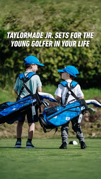 This ad features two young boys carrying Taylormade Jr. golf sets on a golf course. The ad is targeted towards parents o