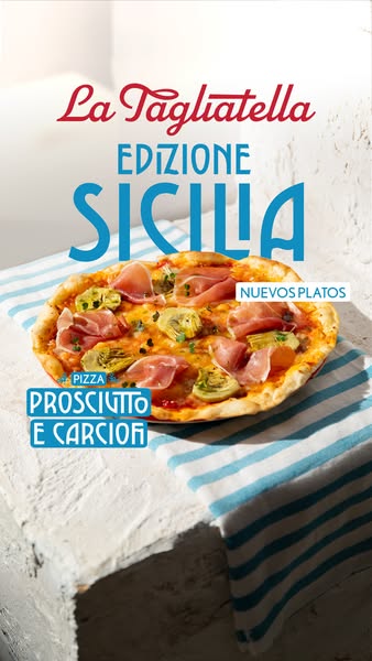 This image ad showcases a pizza with prosciutto and artichokes.