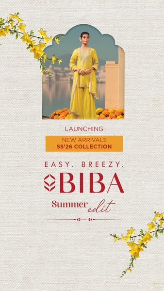 This ad is promoting BIBA's new SS'26 collection. The ad uses an image of a model wearing a yellow outfit, along