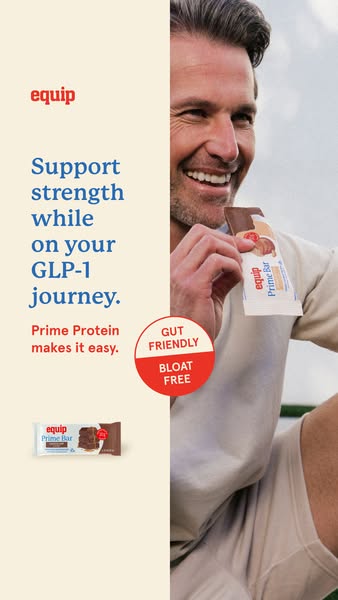 An ad for Equip Prime Protein bar that is gut friendly and bloat free.