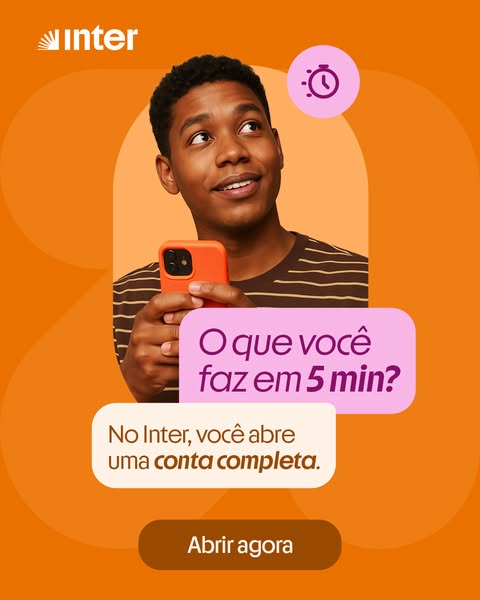 This ad for Inter promotes the ease and speed of opening a complete account with them. The ad features a young man looki
