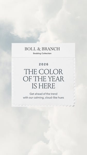 This ad for Boll & Branch bedding collection features a swatch against a cloudy sky background. The swatch announces