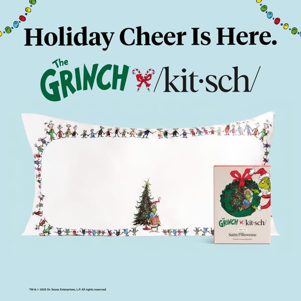 This image ad promotes The Grinch x Kitsch satin pillowcase as a part of the holiday collection.
