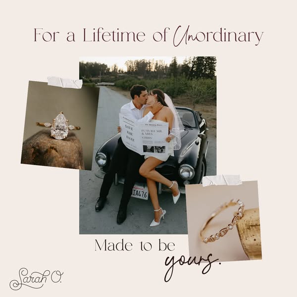 This ad for Sarah O. Jewelry showcases a selection of rings styled within a wedding-themed context. The creative uses hi