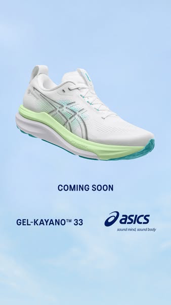 The ad features a single ASICS Gel-Kayano™ 33 sneaker floating against a pale blue gradient background. Text indicates t