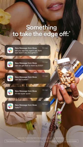 This ad shows a woman's daily life stresses from work and promotes Ritual vitamins as a solution to de-stress and im