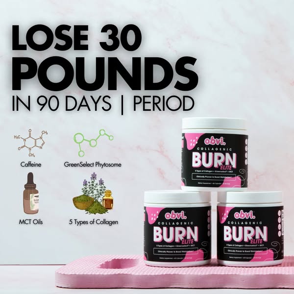 This image ad promotes Obvi Collagenic Burn Elite, highlighting its ability to help users lose weight in 90 days. The ad