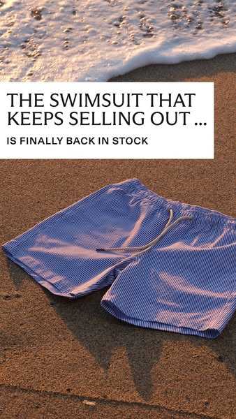 An ad announcing that a popular swimsuit is back in stock. It features the product in an aspirational, beachy setting an