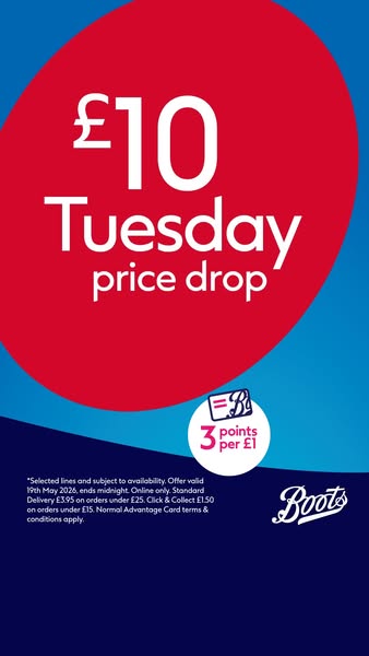 This ad from Boots promotes a Tuesday price drop with extra points for advantage card users.