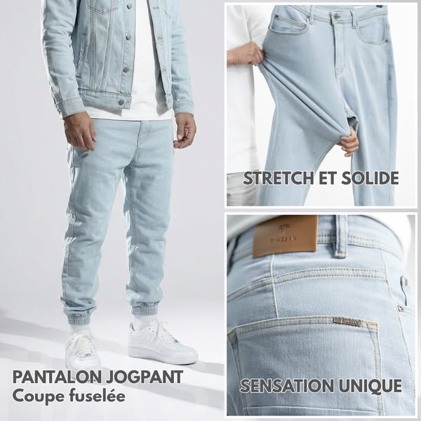 This ad highlights the features of the brand's jogger pants for men, including the stretch fabric and comfortable fi