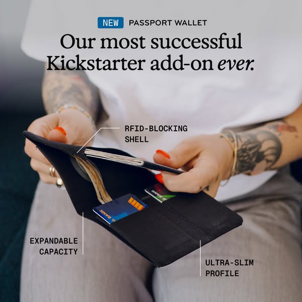 This image ad showcases a black passport wallet, highlighting its features such as RFID-blocking shell, expandable capac