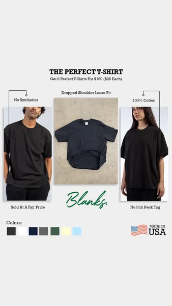 This image ad showcases Blanks T-shirts, highlighting their perfect T-shirt design, dropped shoulder loose fit, high qua