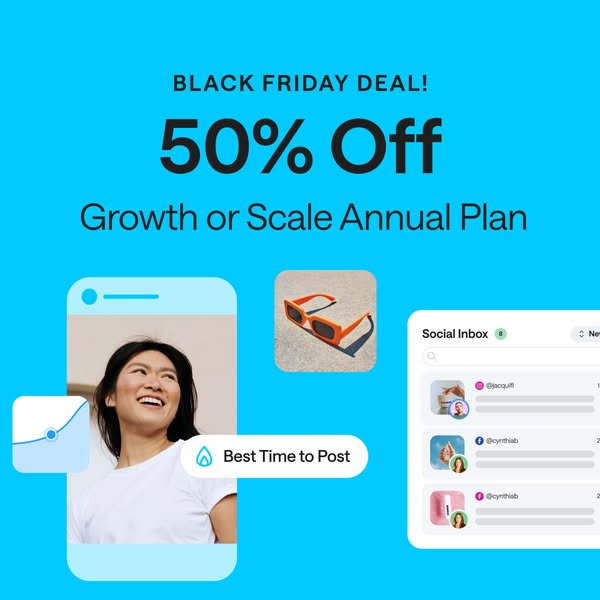 This ad promotes a Black Friday deal for 50% off a Growth or Scale Annual Plan. The ad features a phone screen with a wo
