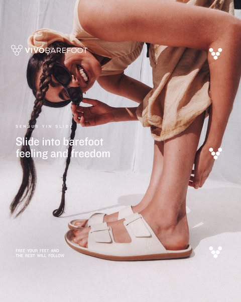 This image ad presents a pair of Sensus Yin Slides from VivoBarefoot. The ad emphasizes a barefoot feeling and freedom, 