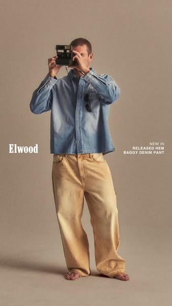 This Elwood ad features a single model wearing their new released hem baggy denim pants. He is also wearing a denim shir