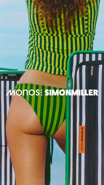 This ad features a woman wearing a matching swimsuit and standing next to a Monos suitcase. The ad is promoting the Mono