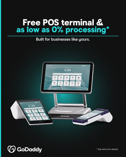 This ad promotes GoDaddy's POS terminal and 0% processing offer for businesses. The ad highlights GoDaddy's POS 