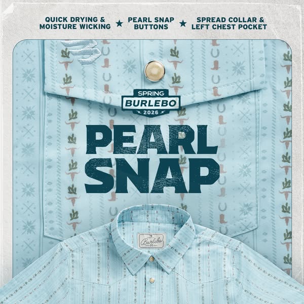 This image ad promotes a pearl snap shirt from the brand Burlebo. It uses close-ups of the shirt to highlight the moistu
