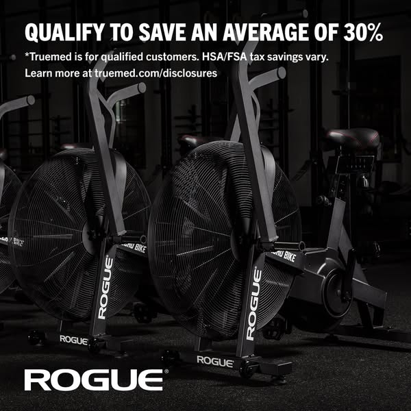 This image ad for Rogue fitness equipment highlights the potential savings available through Truemed for qualified custo