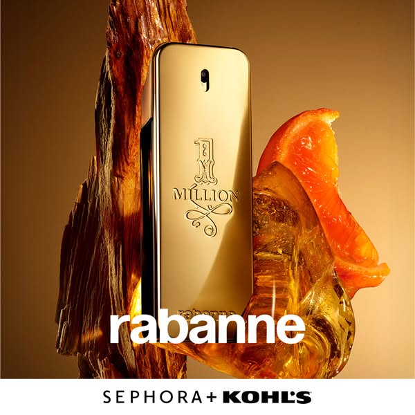 This image showcases the Paco Rabanne 1 Million fragrance. The ad features the gold bar-shaped bottle against a backgrou