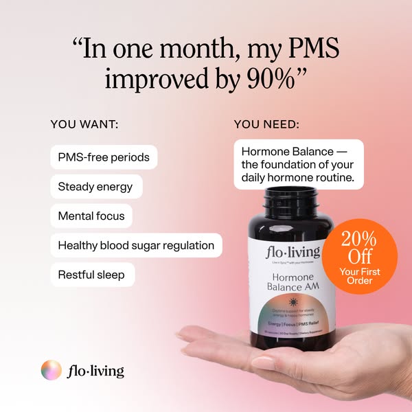 This image ad for Flo Living features a testimonial about improved PMS symptoms, lists the benefits of the product, and 