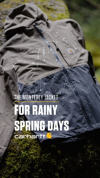 This image ad features the Carhartt Monterey jacket being displayed in a forest environment, demonstrating the jacket