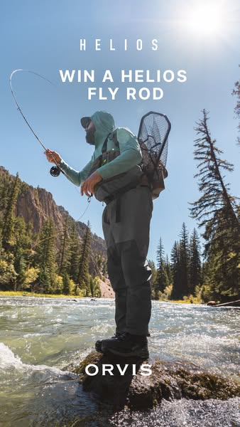 This ad features a lone fly fisherman wading in a river, surrounded by a mountain landscape. The ad promotes a contest t
