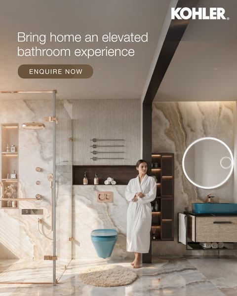This ad for Kohler is promoting an elevated bathroom experience with a light blue toilet, matching sink, and other bathr